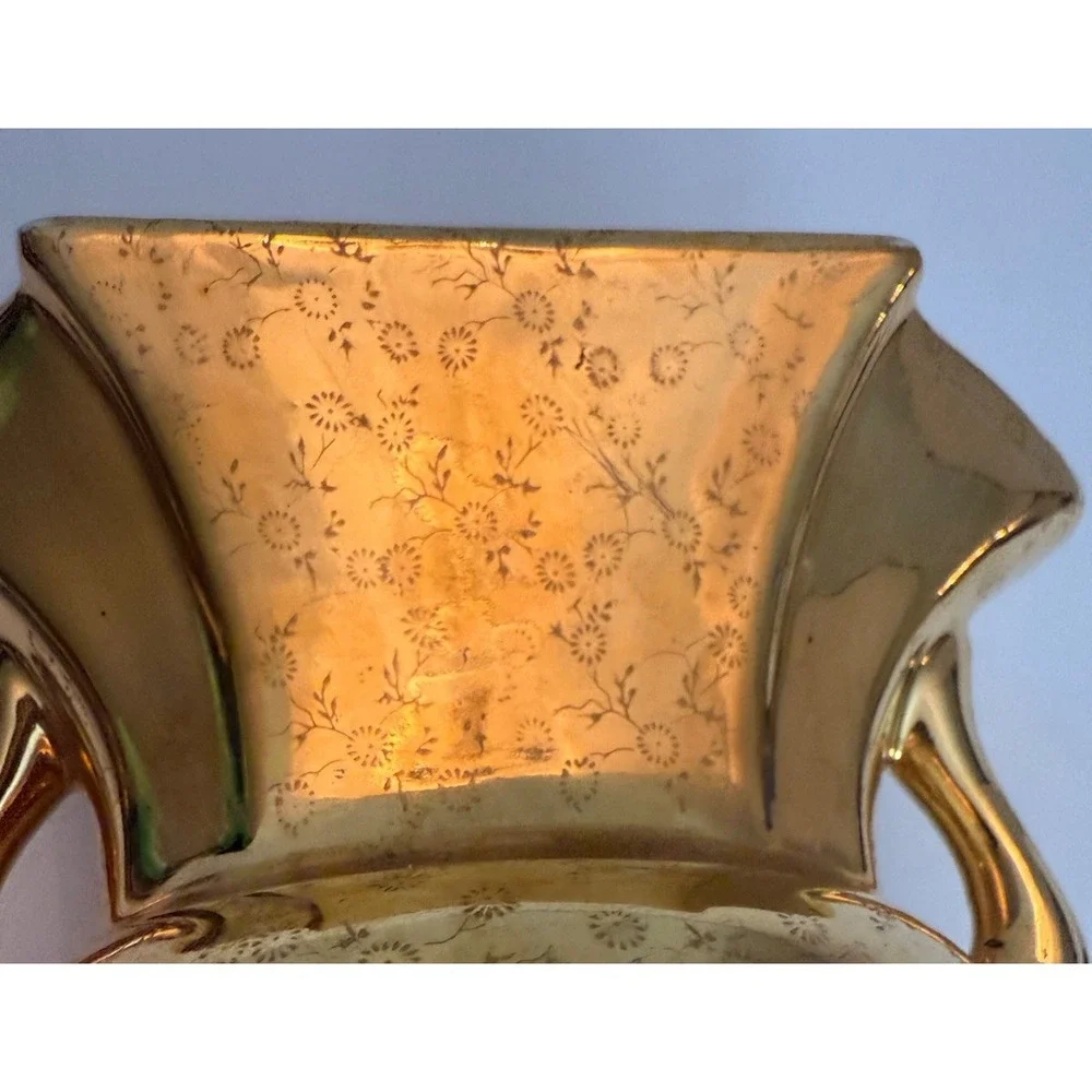 Vintage Gold Floral Cream Lusterware Vase Urn Handled  Collectible 22K Gold Flaw